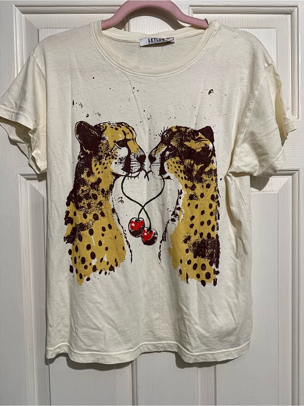 NWT Letluv Anthropologie Cream Short-Sleeve Graphic Tee with Cheetah & Cherries